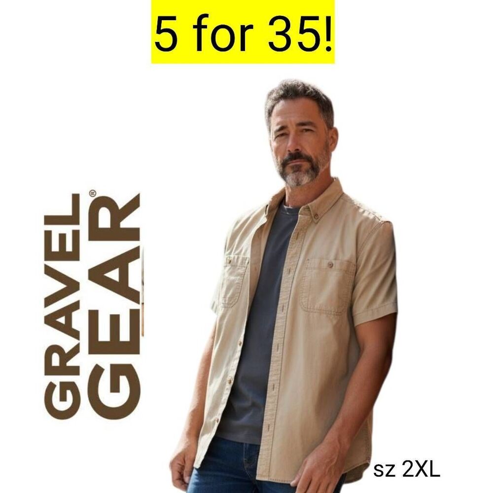 Gravel Gear Khaki Rugged Work Short Sleeve Button Down Shirt Sale 5 for 35